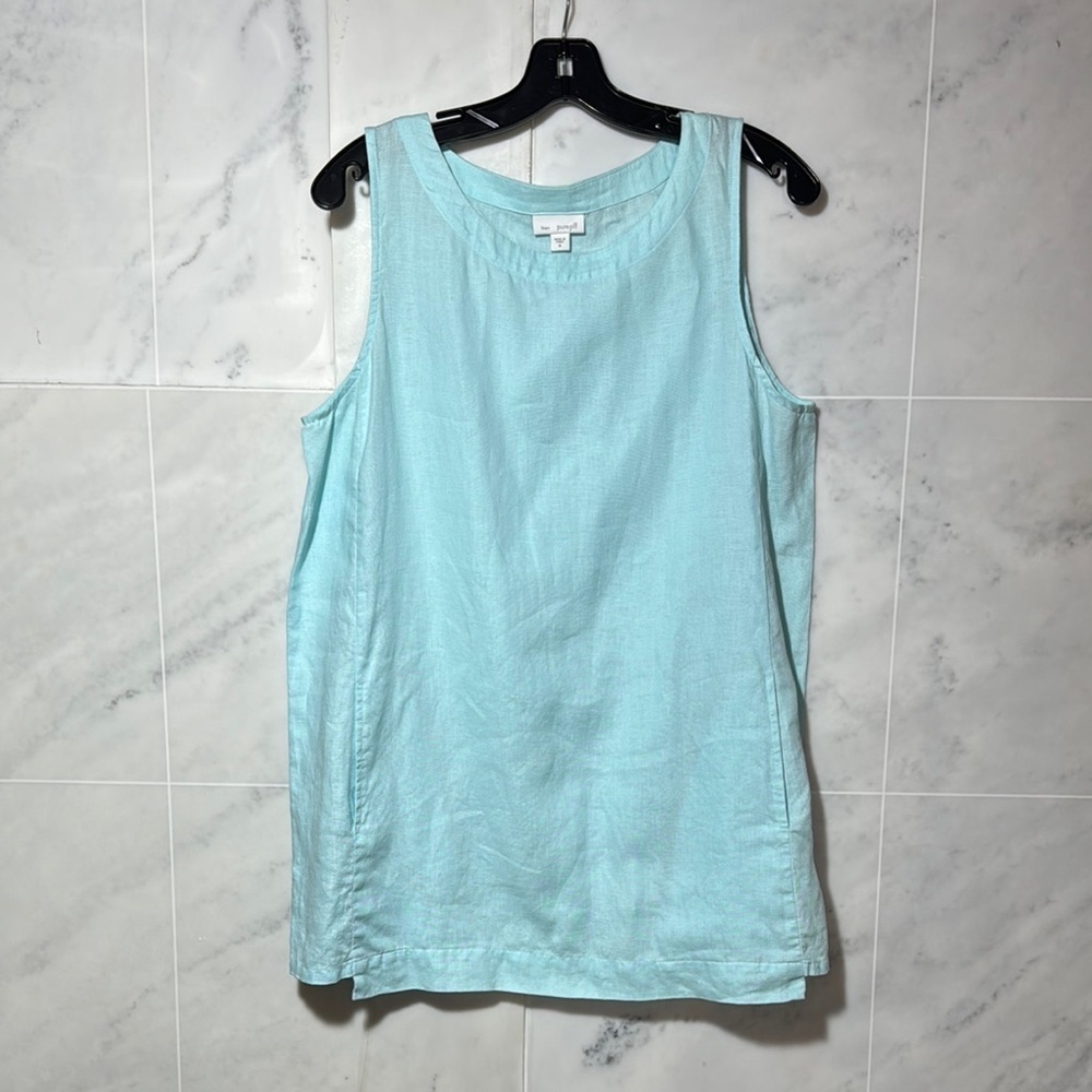 Pure Jill 100% Linen Tunic Top Sleeveless Pockets Lagenlook Aqua Blue size M - Picture 2 of 14